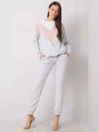 Komplety damskie - Komplet dresowy szaro-różowy casual sportowy bluza i spodnie dekolt okrągły rękaw długi nogawka ze ściągaczem długość długa - miniaturka - grafika 1