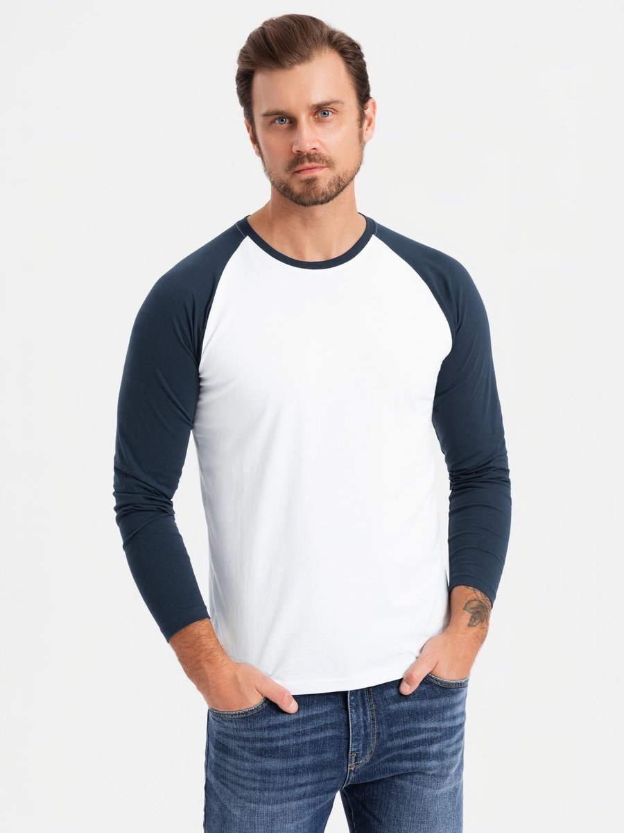 Męski modny bawełniany longsleeve biało-granatowy Ombre OM-LSCL-0105 V1 XXL