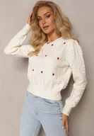 Swetry damskie - Beżowy Klasyczny Sweter ze Ściągaczami i Ozdobnymi Haftami Reani - miniaturka - grafika 1