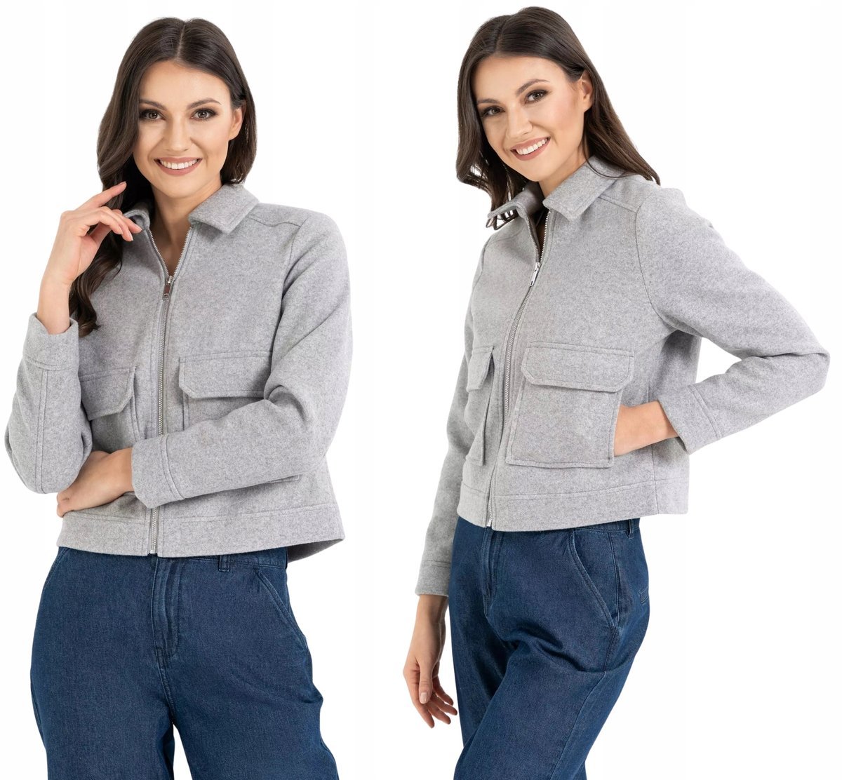 Kurtka damska bomberka z kołnierzem i kieszeniami SZARY MELANŻ MORAJ S