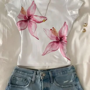 TEMU Damska koszulka z krótkim rękawem i okrągłym dekoltem, lekka poliester, kwiaty w odcieniach róż i białego, idealna na i letnie stylizacje, - Bluzki damskie - miniaturka - grafika 1