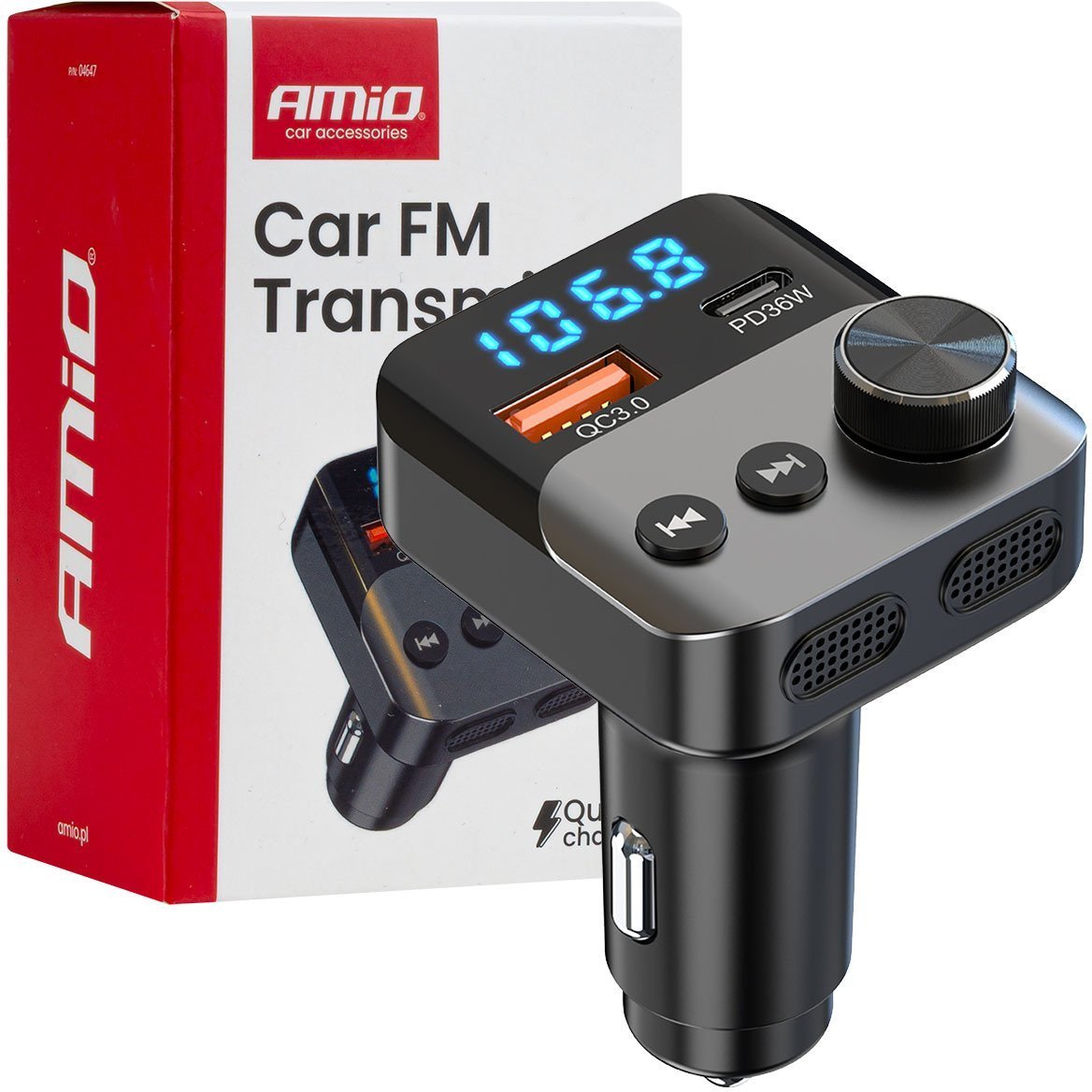 Transmiter samochodowy fm 1×usb-a 1×usb-c 12v 24v amio-04647