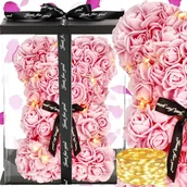 Sztuczne kwiaty - Miś z róż 25 cm różowy w pudełku miś różany LED ciepły biały - miniaturka - grafika 1