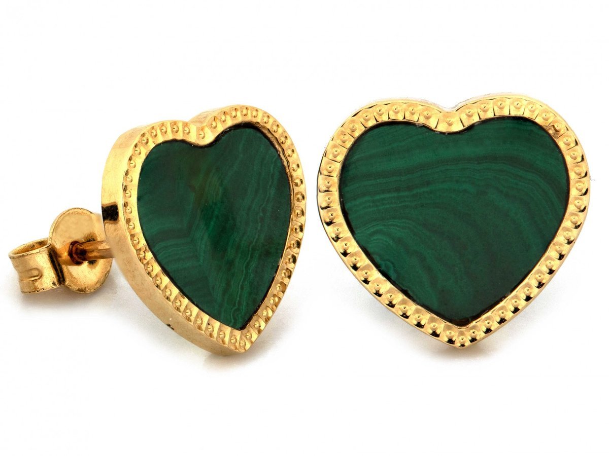 Kolczyki złote 585 serca z malachitem na sztyfcie
