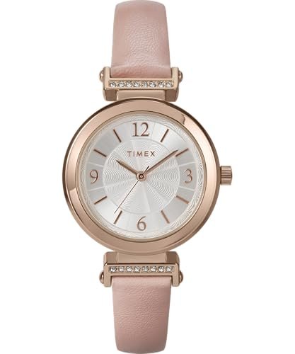 Timex Zegarek Damski Main Street 31 mm, Różowy Skórzany Pasek, Srebrna Tarcza, Obudowa w Kolorze Różowego Złota TW2W96300