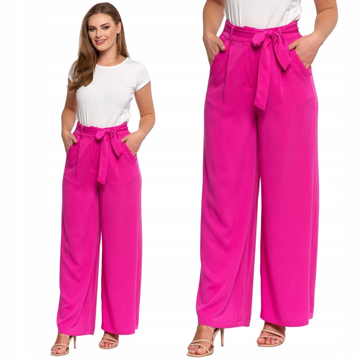 Spodnie Szerokie Damskie Z Wysokim Stanem Eleganckie Wiskoza Moraj M Pink