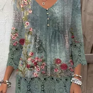 Inne - TEMU Bluzka z Długim Rękawem i Dekoltem w Serek dla Kobiet z Eleganckim Kwiatowym Nadrukiem i Kontrastowymi Koronkowymi Detalami, Miękka Mieszanka - miniaturka - grafika 1