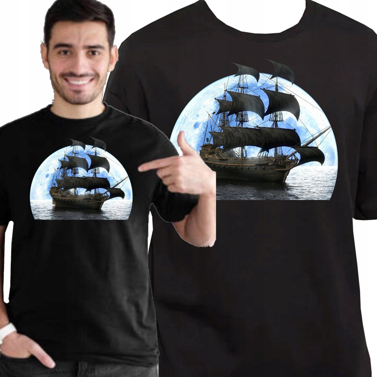 KOSZULKA MĘSKA DLA ŻEGLARZA Z NADRUKIEM STATEK JACHT ŻAGIEL S 3406 CZARNY