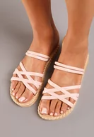 Klapki i japonki damskie - Różowe Klapki z Pianki na Płaskiej Podeszwie Imitującej Plecionkę z Cienkimi Paskami Harvilla - miniaturka - grafika 1