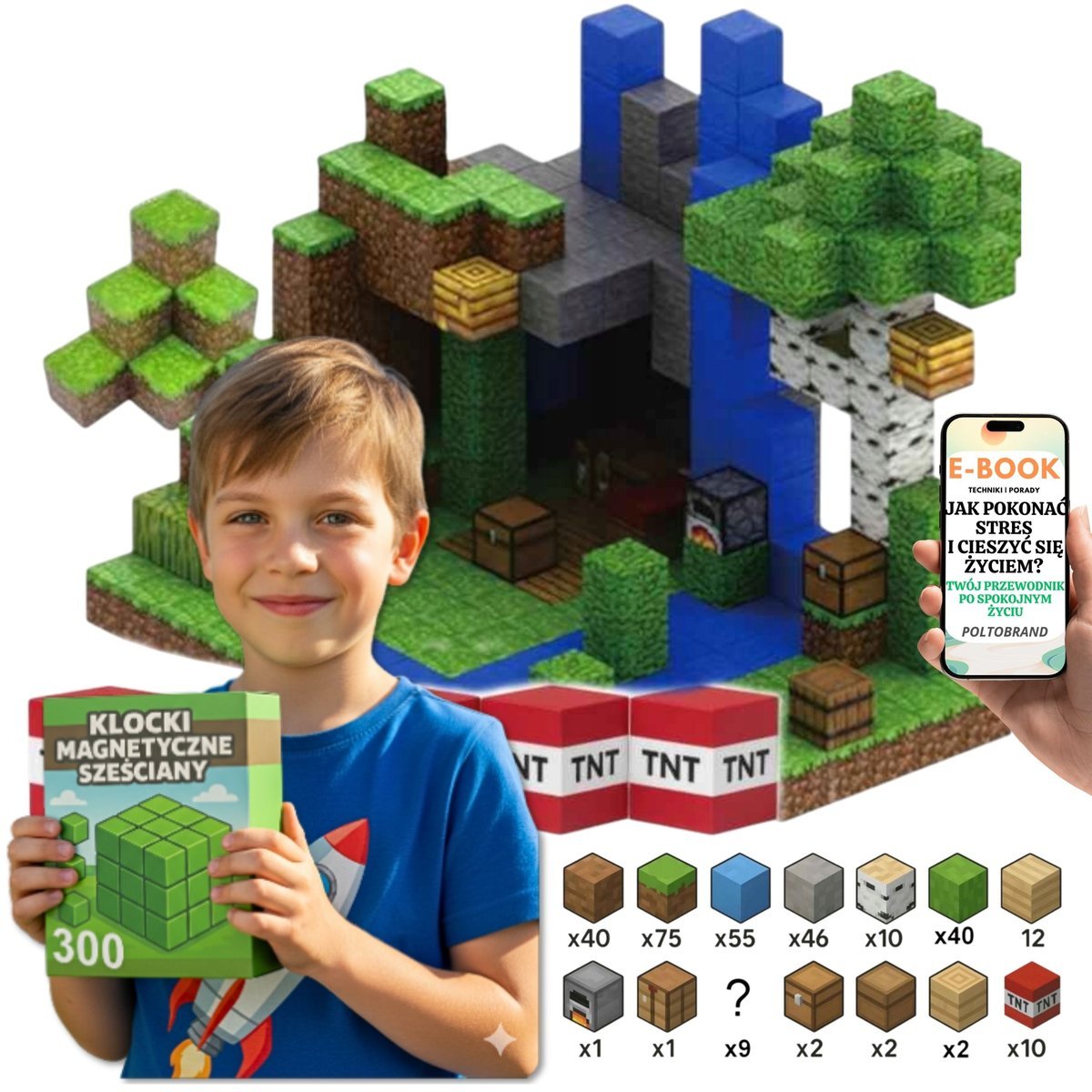 MEGA ZESTAW KLOCKÓW MAGNETYCZNYCH 300 ELEMENTÓW + LUDZIKI STABILNE MAGNESY PREZENT DLA CHŁOPCA SYNA + EBOOK-1