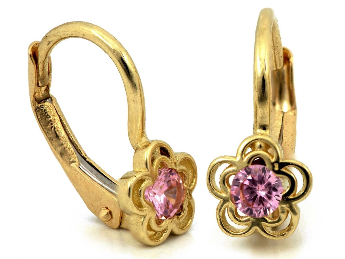 Kolczyki złote 585 angielskie delikatne z kwiatkiem dla dziewczynki