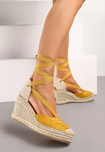 Żółte Espadryle na Koturnie z Plecionki z Ozdobną Sznurówką Dinrafa - Espadryle damskie - miniaturka - grafika 1