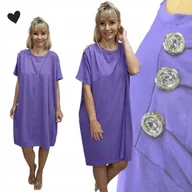 Bluzki damskie - GŁADKA SUKIENKA DIAMENT GUZIKI luźna elegancka tunika fiolet 50 52 5XL 2881 - miniaturka - grafika 1