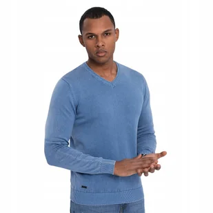 Męski sweter washowany z dekoltem w serek niebieski V4 OM-SWOS-0108 XL - Swetry męskie - miniaturka - grafika 1