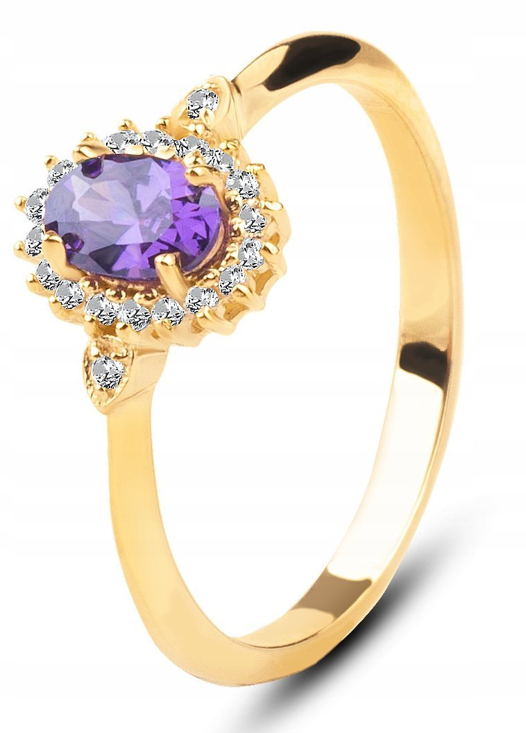 PIĘKNY ZŁOTY PIERŚCIONEK AMETYSTEM SYNTETYCZNYM I CYRKONIAMI 8KT 333