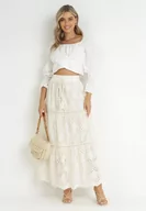 Spódnice - Beżowa Rozkloszowana Spódnica Maxi z Gumką w Pasie z Haftowanej Tkaniny Jonnis - miniaturka - grafika 1