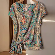 Koszule damskie - TEMU Bluzka bez rękawów dla kobiet z żywym kwiatowym nadrukiem i wiązanym dołu na pasie - Okrągły dekolt, krótkie bufiaste rękawy, lekki poliester na - miniaturka - grafika 1