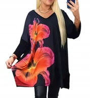 Bluzki damskie - Tunika Wiskoza Kolorowy Kwiat Rękaw 3/4 Luźna Bluzka czarna 50 52 5XL 6XL - miniaturka - grafika 1