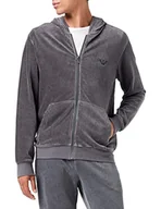 Bluzy męskie - Emporio Armani Męska bluza z kapturem Ribbed Chenille Embroidered Eagle Logo Zip Up Sweater Hooded, Antracyt w paski, XL - miniaturka - grafika 1