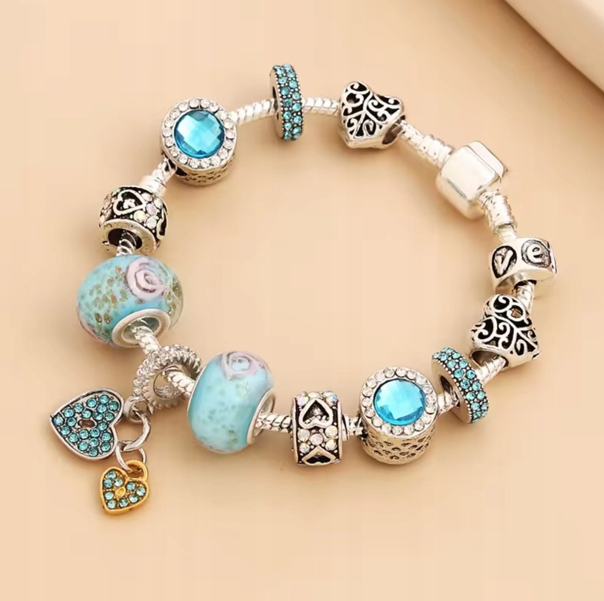 Srebrna Bransoletka Charms Beads Akwamaryn Cyrkonie Serca Róże