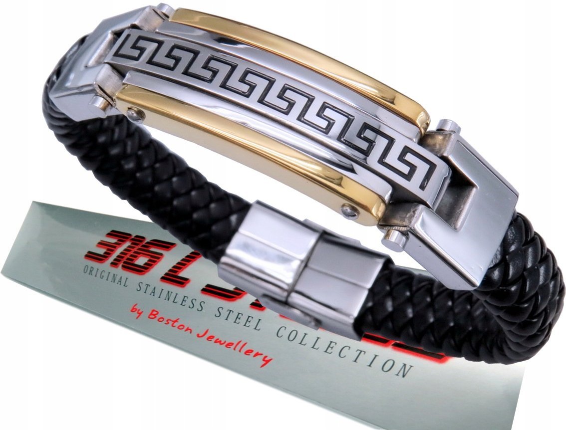 Srebrna Bransoleta Bransoletka Męska Stal 316L Skóra Naturalna Gruba 16 Mm