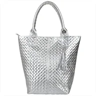 Torebki damskie - Srebrna torba worek skóra naturalna pikowana Borse in Pelle - miniaturka - grafika 1