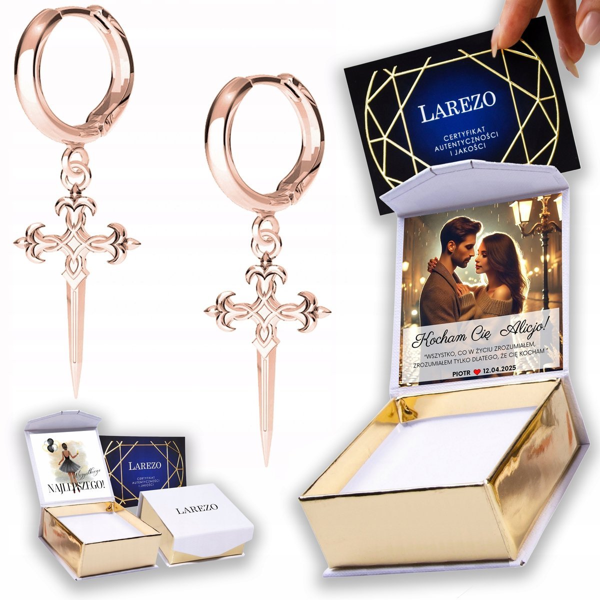 Kolczyki Pozłacane 925 Krzyże Sztylety z Krzyżykami Sztylecik Krzyż NADRUK