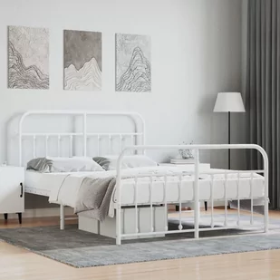 vidaXL Metalowa rama łóżka z wezgłowiem i zanóżkiem, biała, 150x200 cm - Inne meble do sypialni - miniaturka - grafika 1