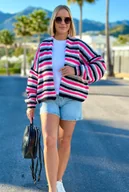 Swetry damskie - Krótki, lekki kardigan oversize w paski - czarny/ciemny szary One size - miniaturka - grafika 1