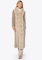 Płaszcze damskie - Długi damski płaszcz z wełny i sztucznego futra beżowy - miniaturka - grafika 1