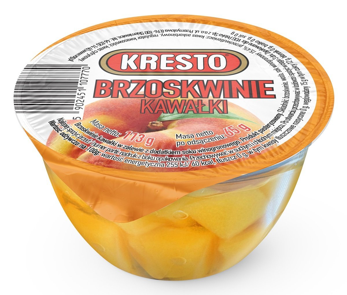 Kresto Owoce, brzoskwinie kawałki w zalewie 113g kubek