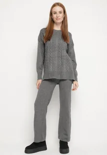 Ciemnoszary Komplet Dzianinowy z Bawełną i Wełną Spodnie i Warkoczowy Sweter Errela - Komplety damskie - miniaturka - grafika 1