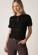 Bluzki damskie - Czarna Szydełkowa Bluzka z Wiskozy z Guzikami i Kołnierzykiem Calime - miniaturka - grafika 1