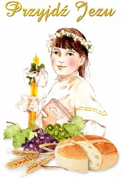 Baner na Pierwszą Komunię Świętą "Przyjdź Jezu" 75x100 cm - Ikony i obrazy sakralne - miniaturka - grafika 1