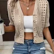 Swetry damskie - TEMU Damski Wszechstronny Wygodny Elegancki Kardigan z Dekoltem w Serek – Oddychająca Wiskoza, Krótki Rękaw, Ażurowy Wzór, Idealny na Wiosnę//Jesień - miniaturka - grafika 1