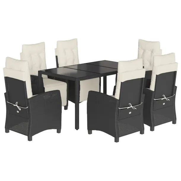 Zestaw mebli ogrodowych rattanowy 150x90 czarny, 6 krzeseł, 6 poduszek - e