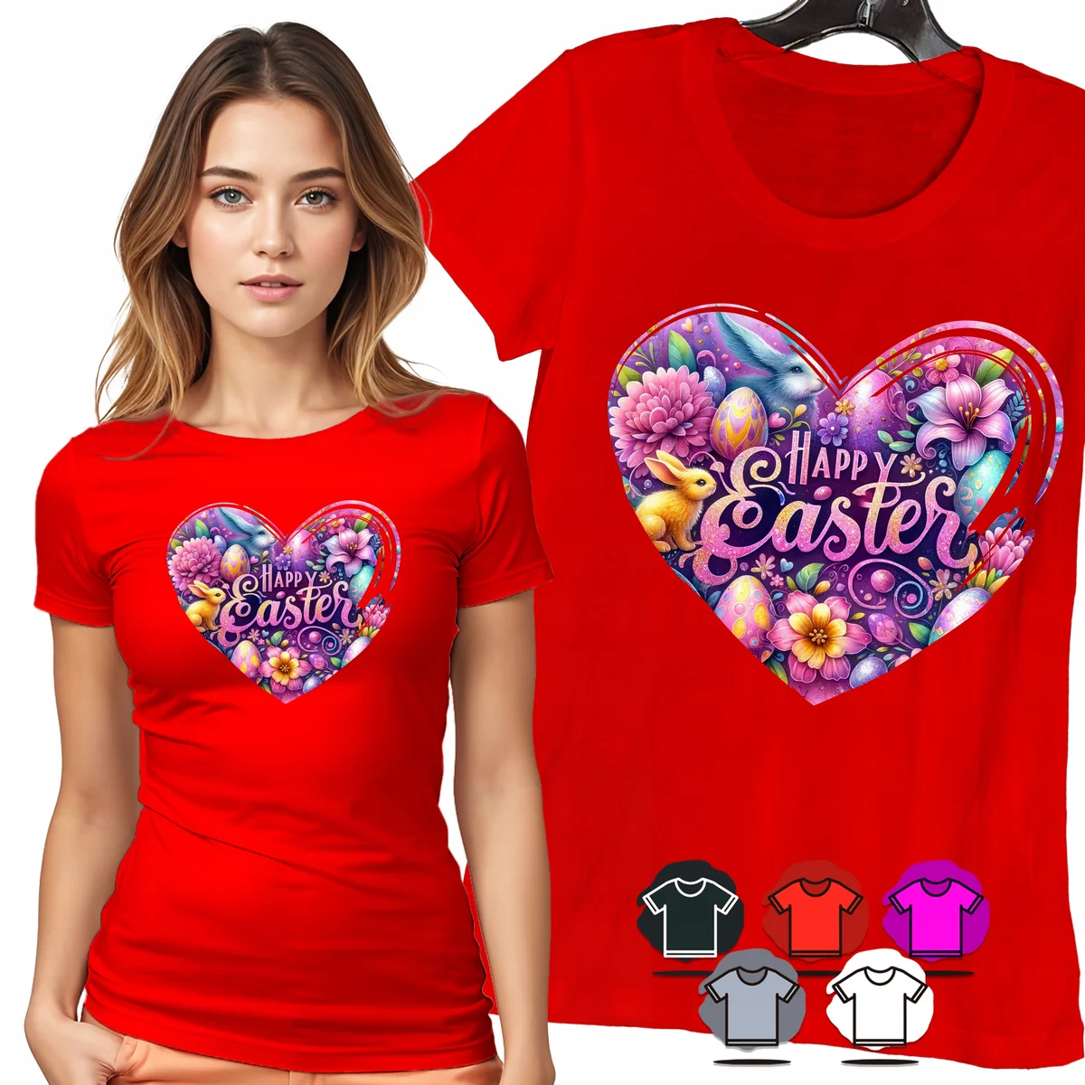 KOSZULKA DAMSKA T-SHIRT - HAPPY EASTER SERCE KRÓLIK PISANKI KWIATY - S