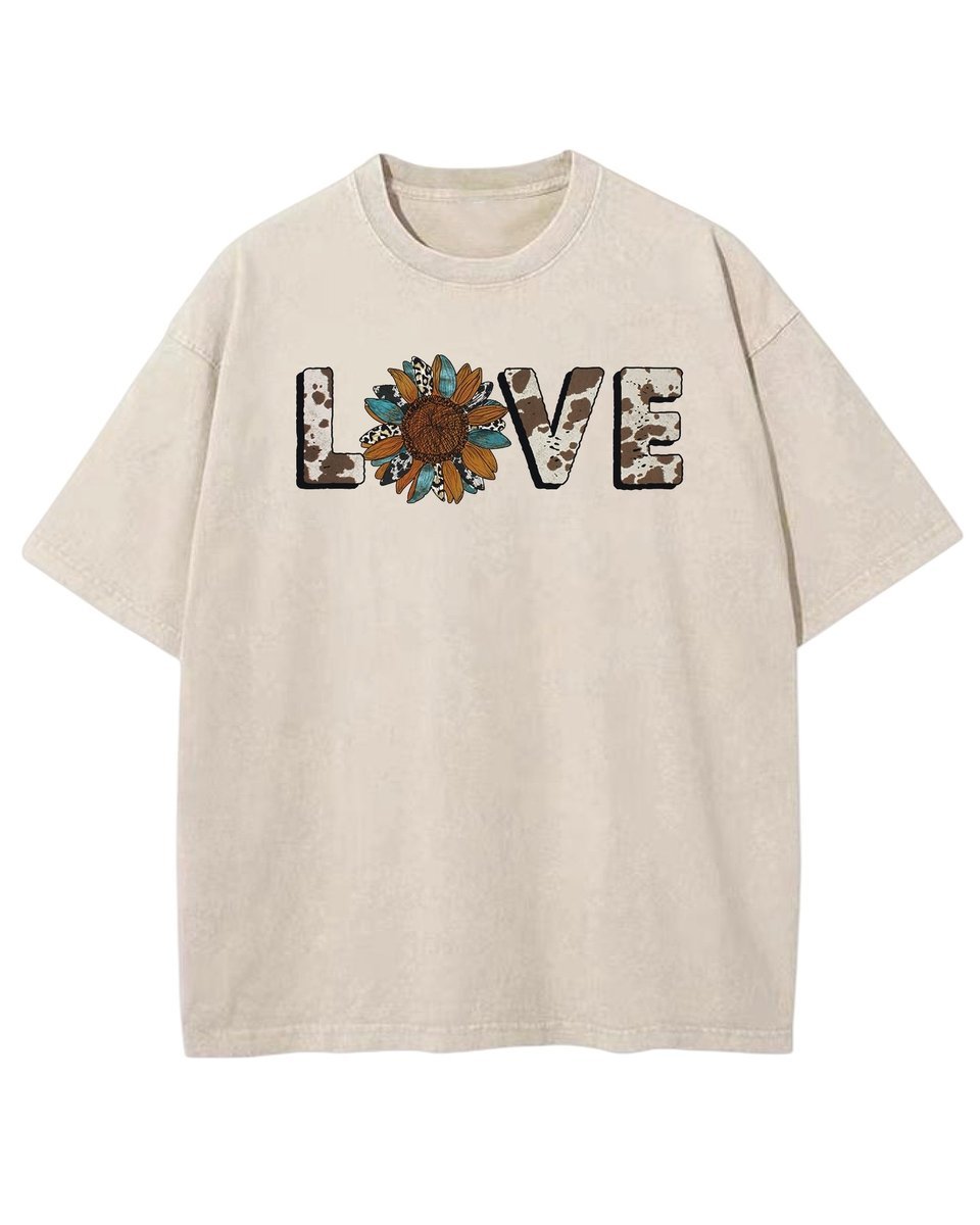 Damska koszulka oversize efekt sprania Miłość Love Kwiaty Beżowa L