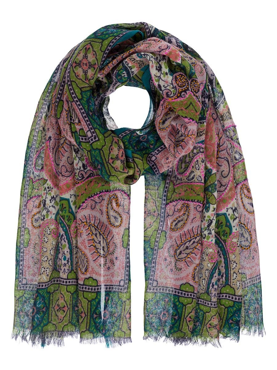 Damski szalik paisley z haftem zielony Passigatti