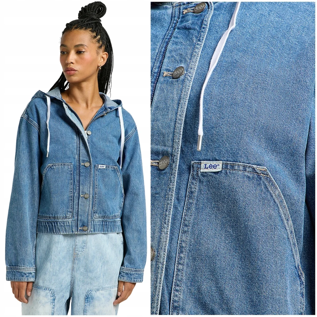 Lee Utility Jacket Fly krótka luźna damska kurtka jeansowa z kapturem XS
