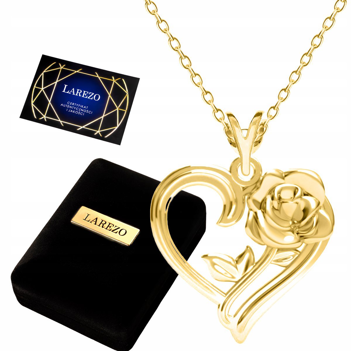 Złoty Naszyjnik 925 Serce z Pozłacaną Różą Serduszko Kwiat Love Złota Róża
