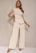 Komplety damskie - Beżowy Komplet Spodnie o Szerokim Kroju i Asymetryczna Bluzka z Marszczeniem Nitara - miniaturka - grafika 1