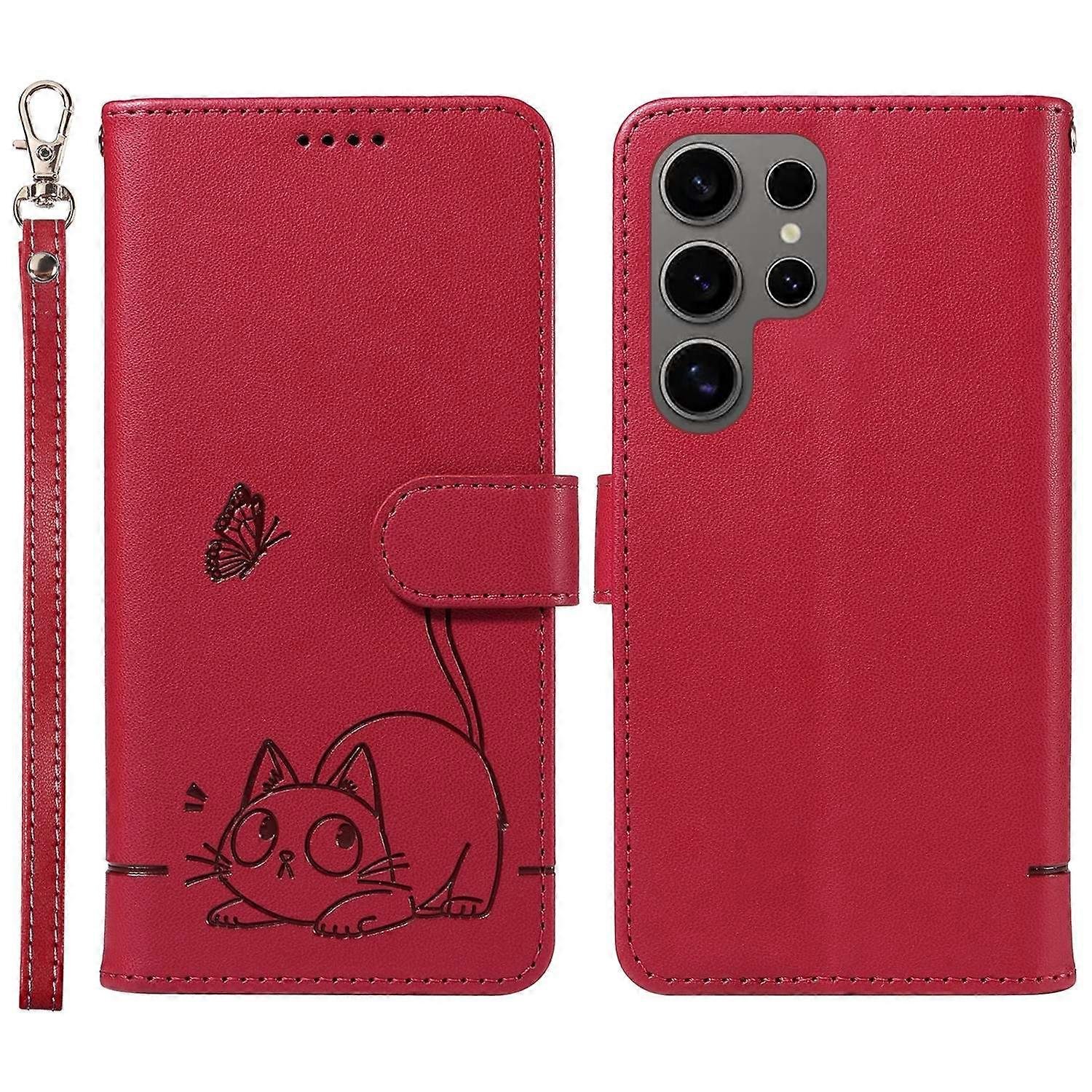 Do Samsung Galaxy S25 Ultra Portfel Wzór kota Nadruk Skórzany pokrowiec na telefon z paskiem na nadgarstek Wielobarwny Red