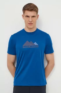 Koszulki męskie - Helly Hansen t-shirt sportowy kolor niebieski z nadrukiem - grafika 1