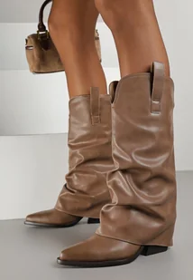 Brązowe Marszczone Kozaki Typu Kowbojki na Stożkowym Obcasie z Wywiniętą Cholewką Esvela - Kozaki damskie - miniaturka - grafika 1