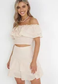 Komplety damskie - Beżowy 2-częściowy Komplet Haftowany Top z Hiszpańskim Dekoltem i Spódnica z Falbanką Ravenisa - miniaturka - grafika 1