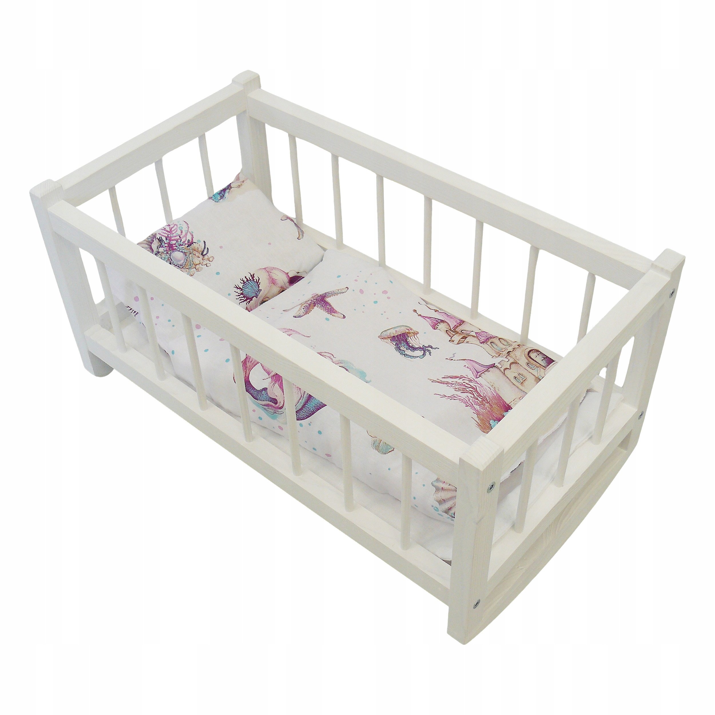 Drewniana Kołyska Łóżeczko Dla Lalek Białe Pościel Syrenka Pokój