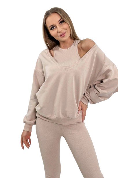 Komplet 3-częściowy bluza + top + legginsy jasny beżowy