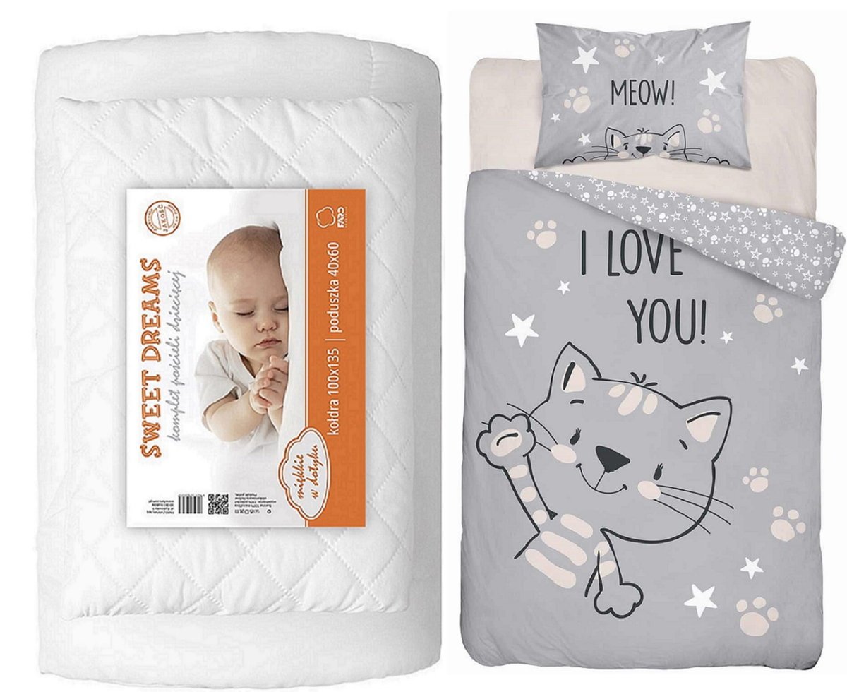 Komplet do łóżeczka kołdra pościel podusia 100x135 kotek szary