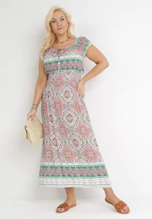 Zielono-Różowa Bawełniana Sukienka Maxi we Wzory z Hiszpańskim Dekoltem i Gumkami w Talii Teena - Sukienki - miniaturka - grafika 1